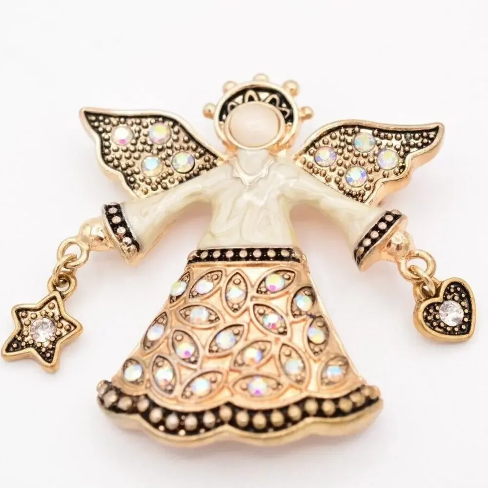KC Vintage Christmas Angel Pin Brooch Star Heart AB Rhinestone Signed 90s Bin5A